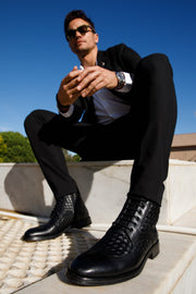 The Loddon Black Leather Wingtip Brogue Handwoven Lace-Up Boot with a Zipper