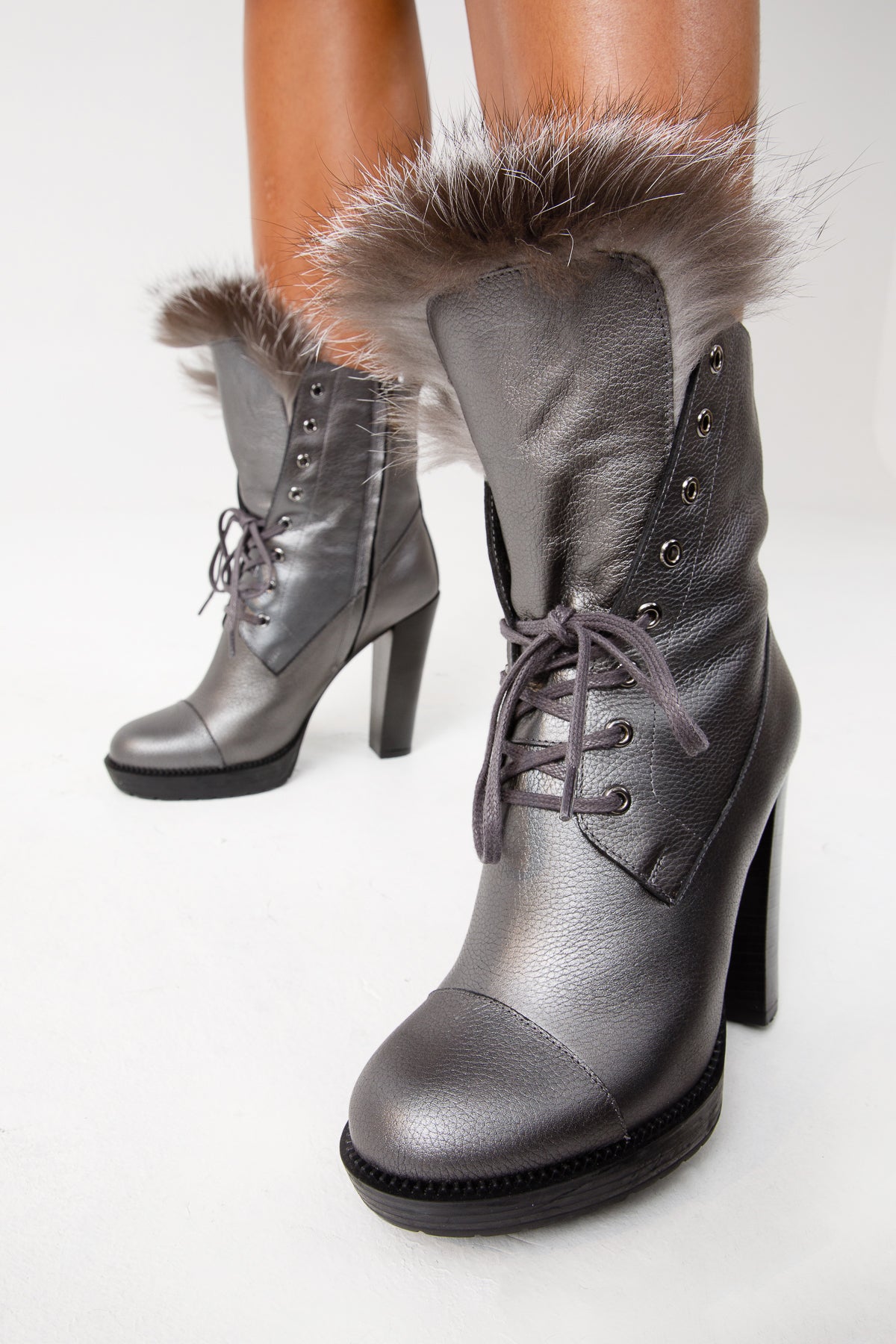 The Melo Grey Leather Natural Fur Mid Calf Platform Heel Women Boot