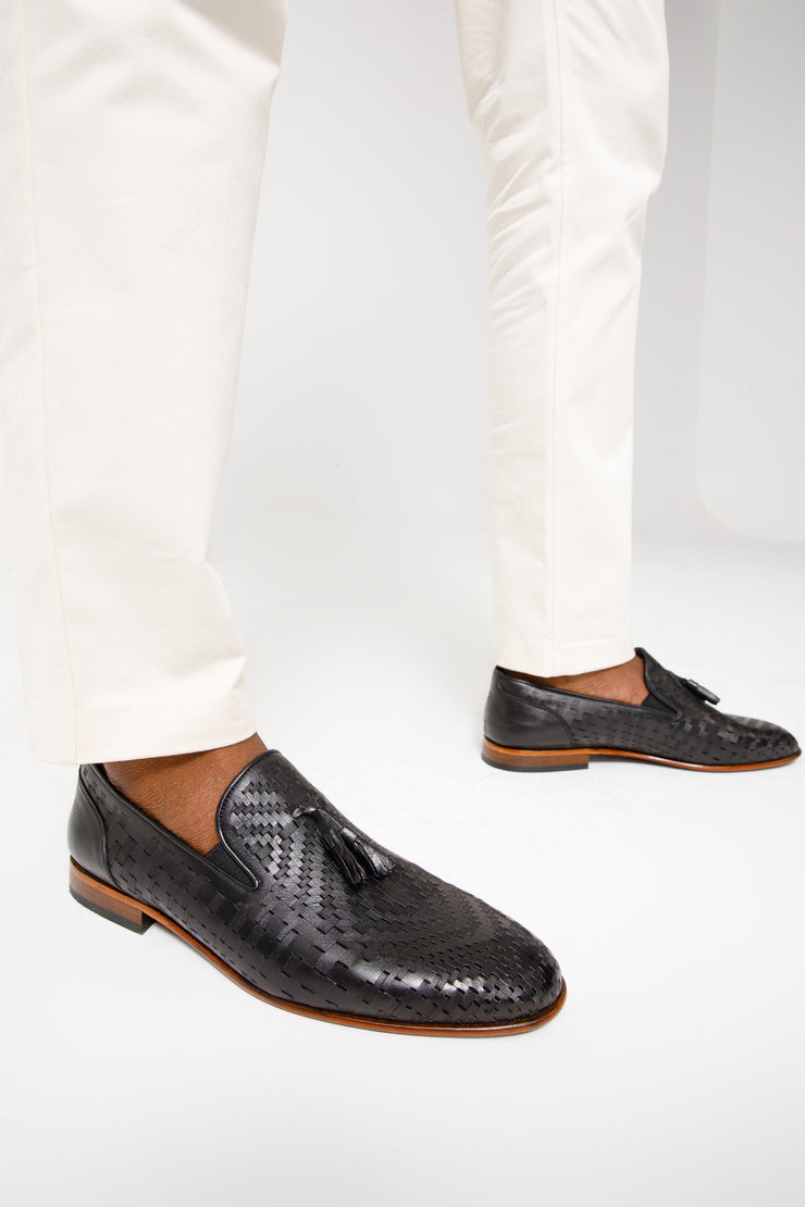 The Meram Black Leather Tassel Slip-On Loafer Shoe