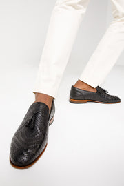 The Meram Black Leather Tassel Slip-On Loafer Shoe