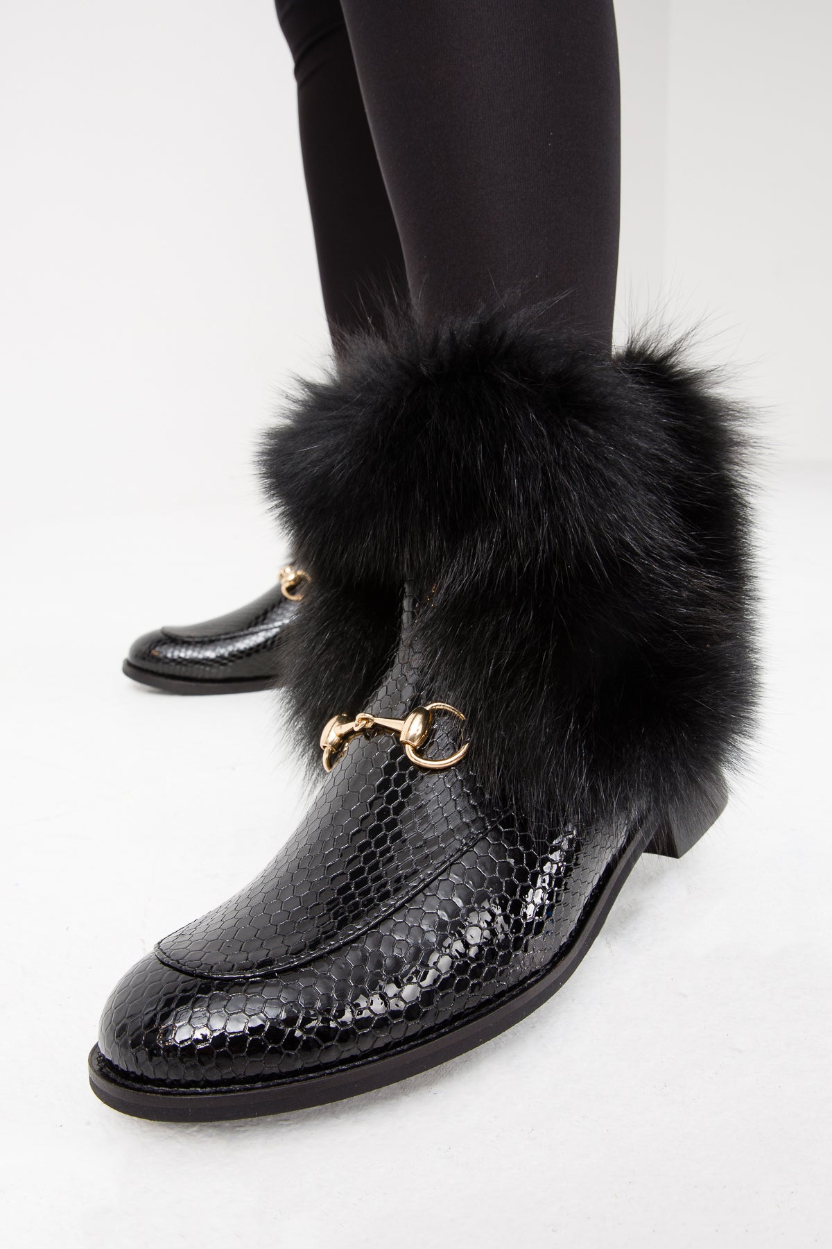 The Izmir Black Patent Leather Natural Fur Mid Calf Women  Boot