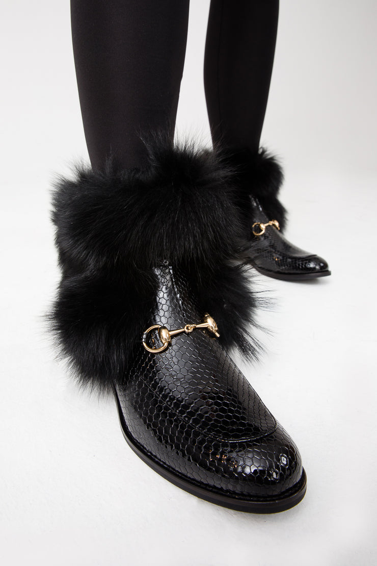 The Izmir Black Patent Leather Natural Fur Mid Calf Boot