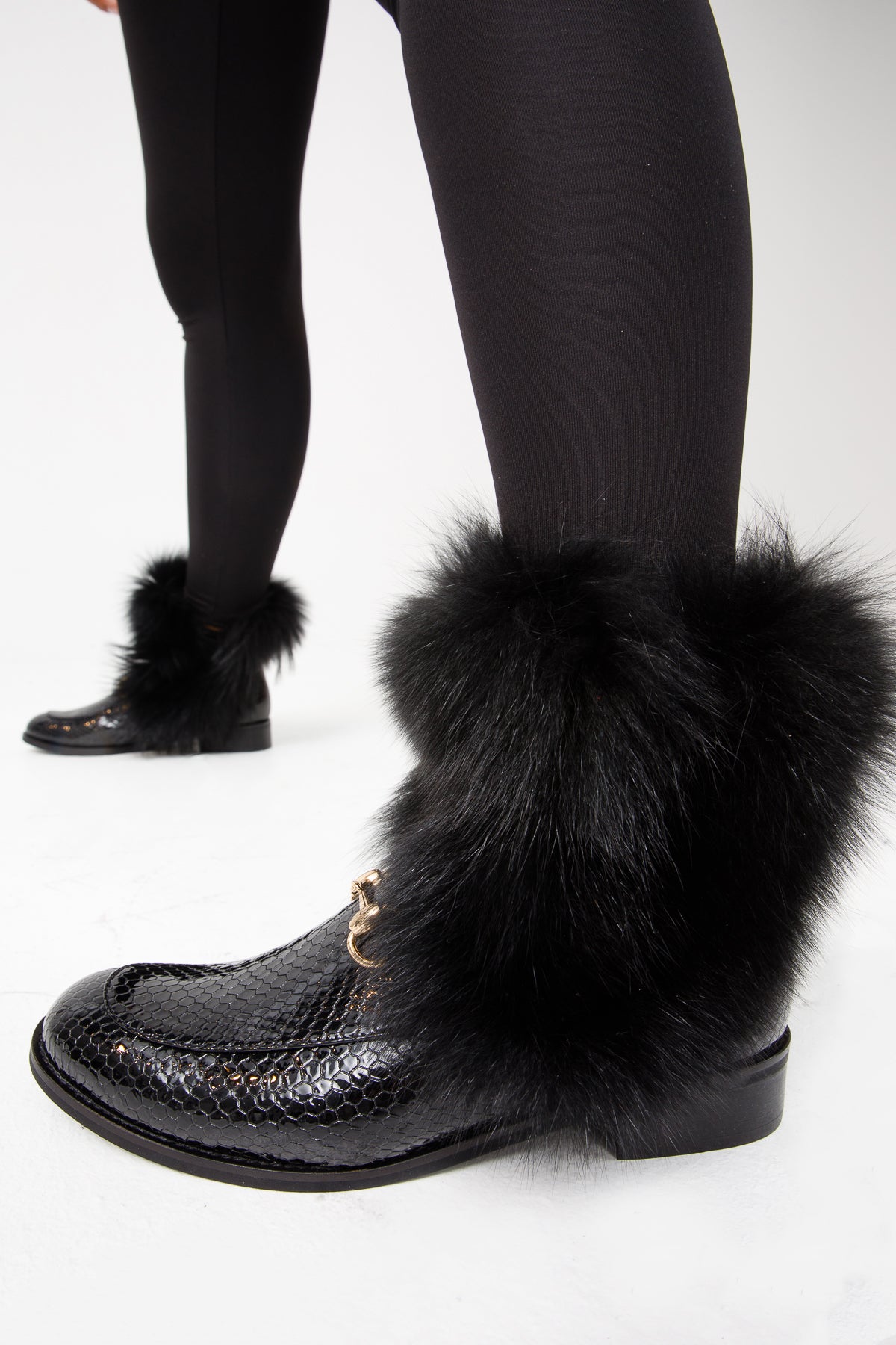 The Izmir Black Patent Leather Natural Fur Mid Calf Women  Boot