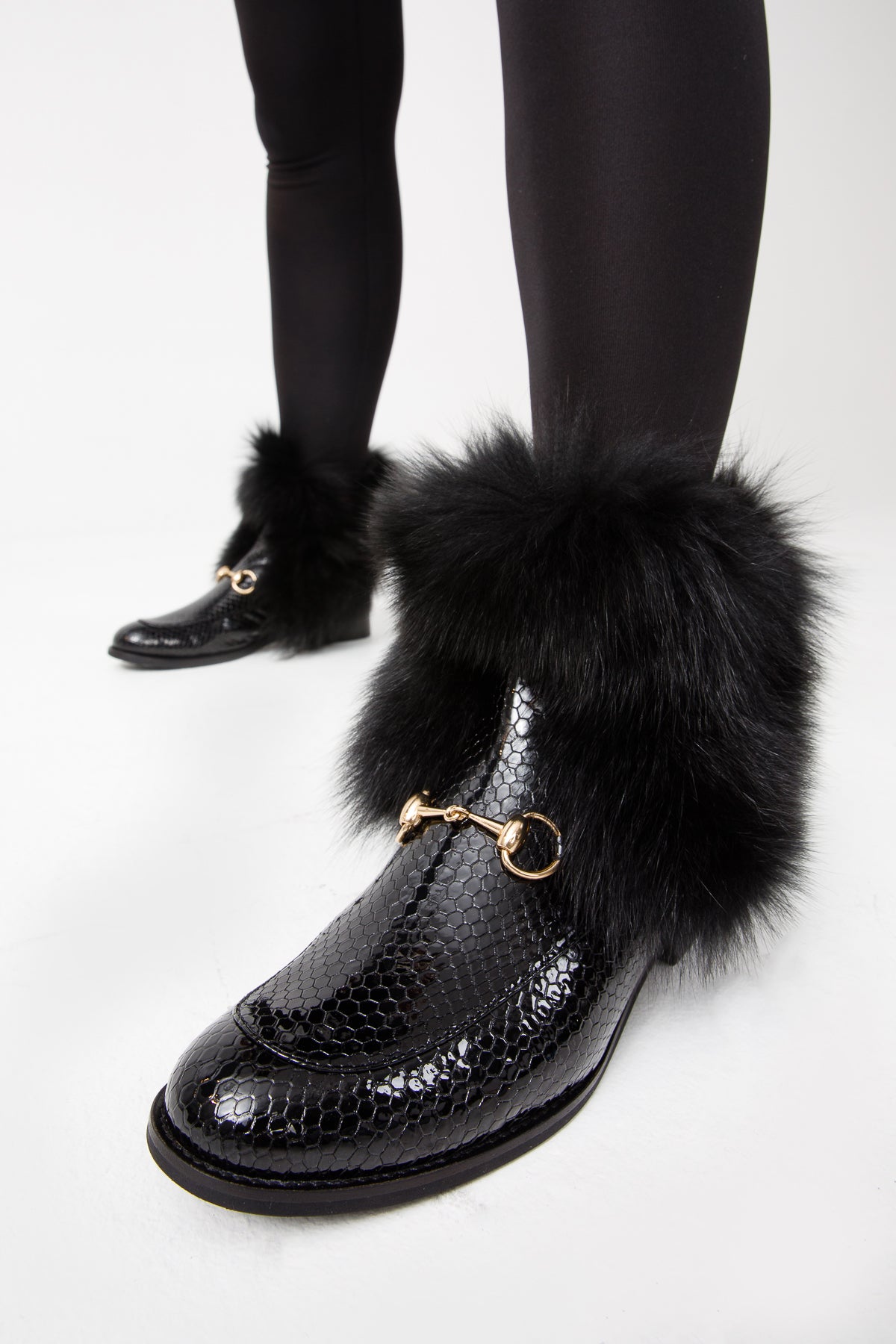 The Izmir Black Patent Leather Natural Fur Mid Calf Women  Boot