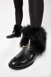 The Izmir Black Patent Leather Natural Fur Mid Calf Boot