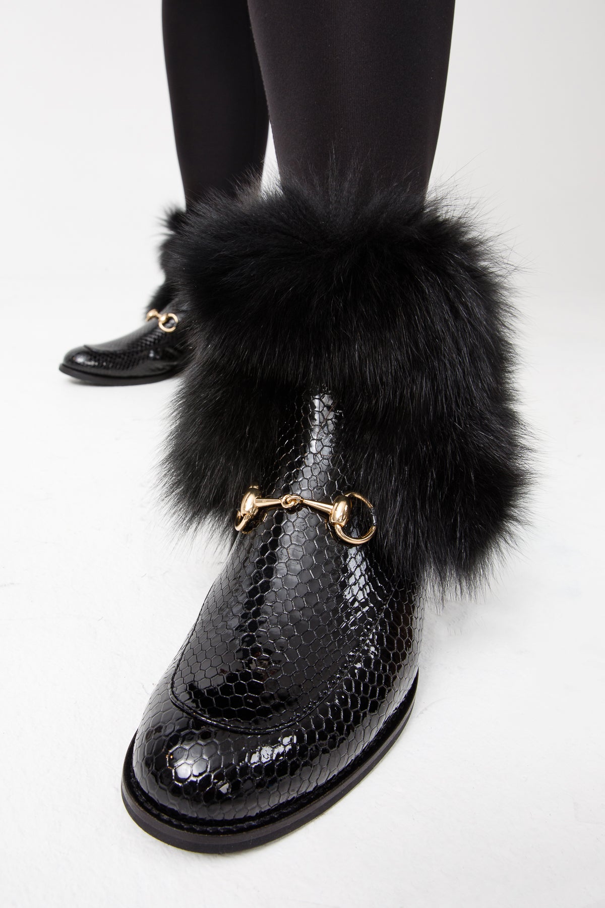 The Izmir Black Patent Leather Natural Fur Mid Calf Women  Boot