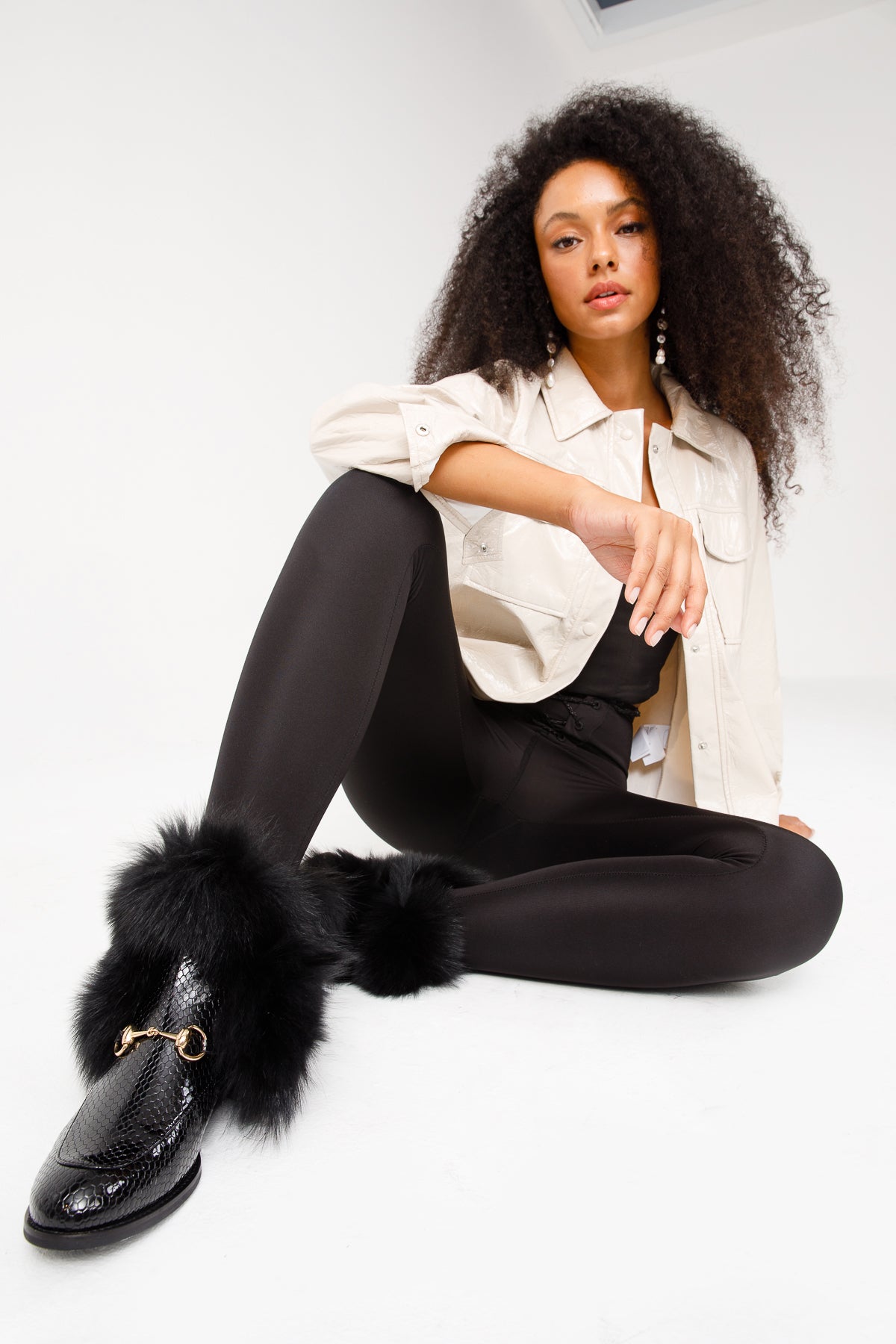 The Izmir Black Patent Leather Natural Fur Mid Calf Women  Boot