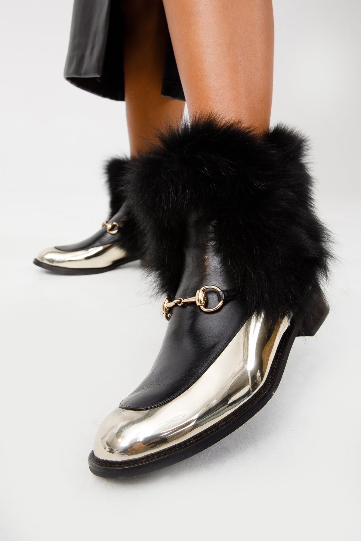 The Izmir Black & Gold Leather Natural Fox Fur Mid Calf Women Boot