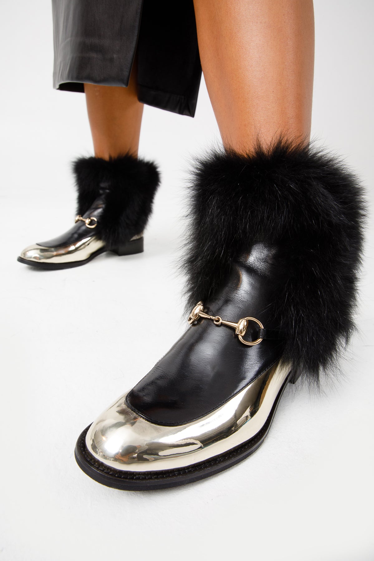 The Izmir Black & Gold Leather Natural Fox Fur Mid Calf Women Boot
