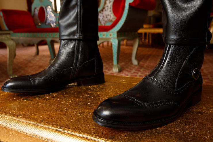 The Rand Black Leather Double Buckle Brogue Boot with a Zipper
