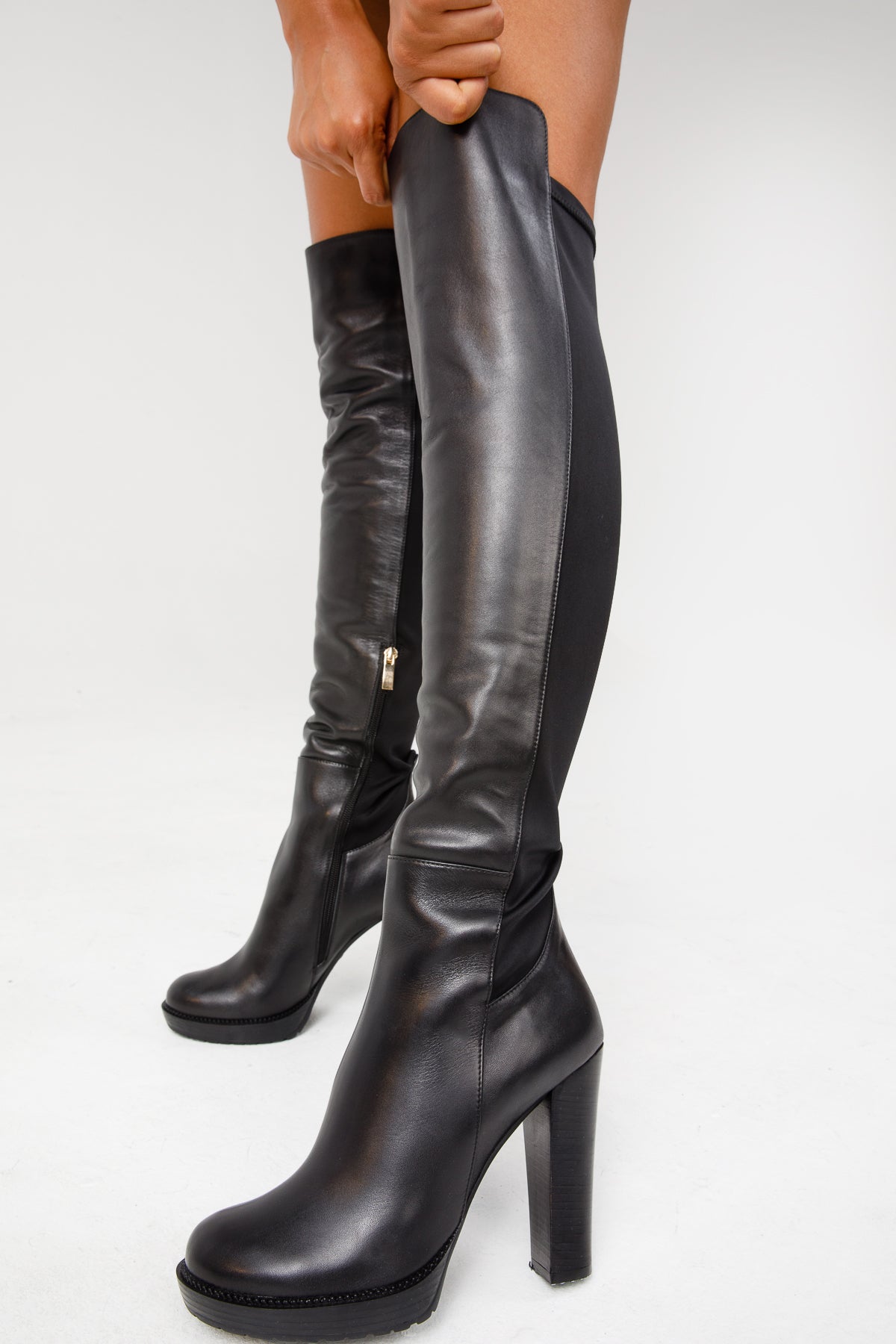 The Sao Paulo Black Leather Knee High Platform Heel Women Boot