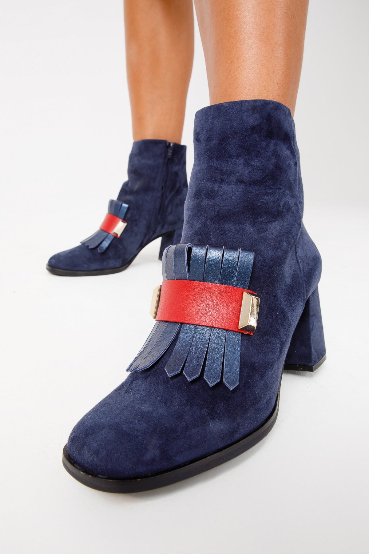 The Luksor Navy Blue Suede Leather Block Heel Women Boot