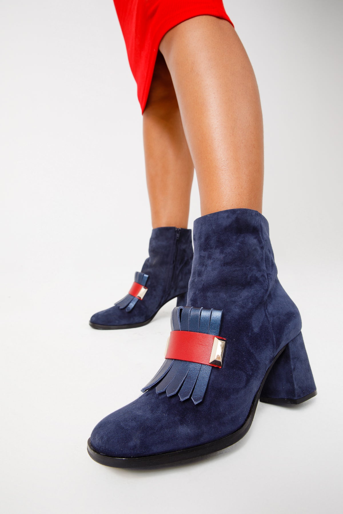 The Luksor Navy Blue Suede Leather Block Heel Women Boot