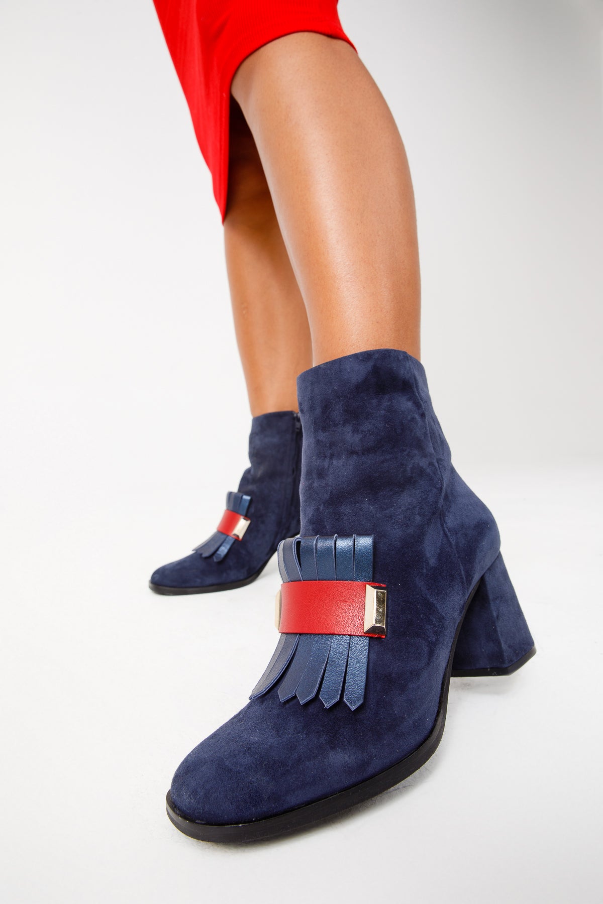 The Luksor Navy Blue Suede Leather Block Heel Women Boot