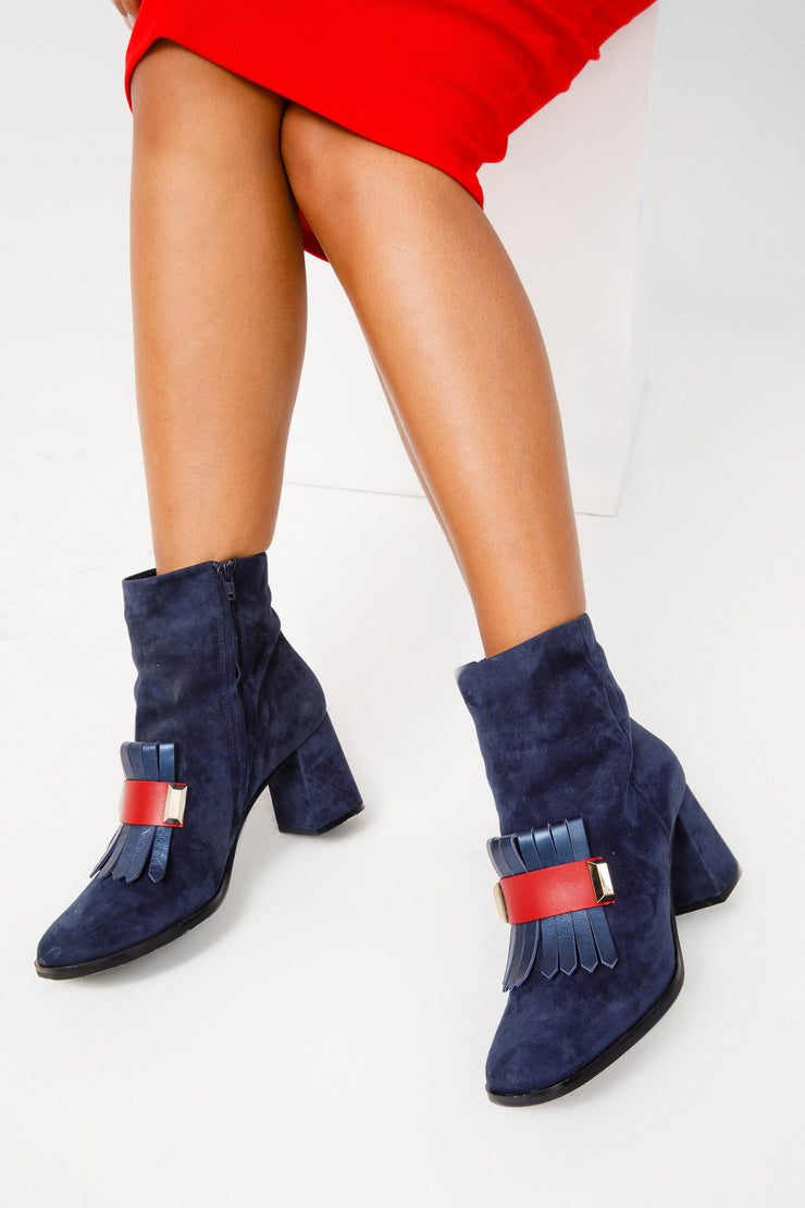 The Luksor Navy Blue Suede Leather Block Heel Boot