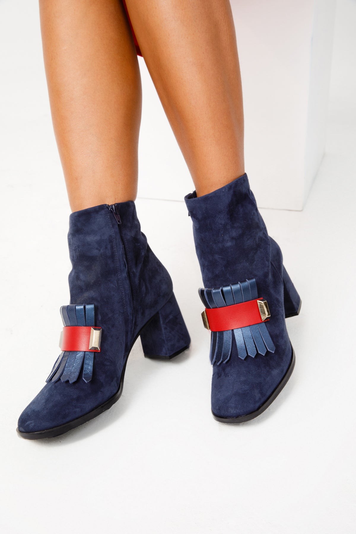 The Luksor Navy Blue Suede Leather Block Heel Women Boot