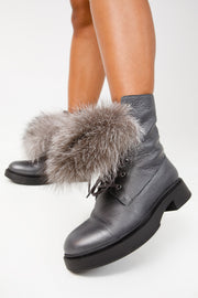 The Kajapati Grey Leather Natural Fur Mid Calf Boot