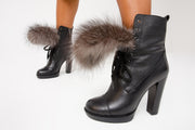The Melo Black Leather Natural Fur Mid Calf Platform Heel Boot