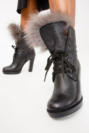 The Melo Black Leather Natural Fur Mid Calf Platform Heel Boot