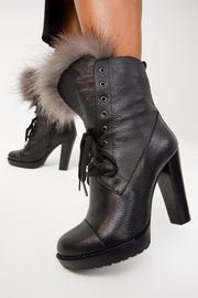 The Melo Black Leather Natural Fur Mid Calf Platform Heel Boot