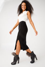 The Melo Black Leather Natural Fur Mid Calf Platform Heel Boot