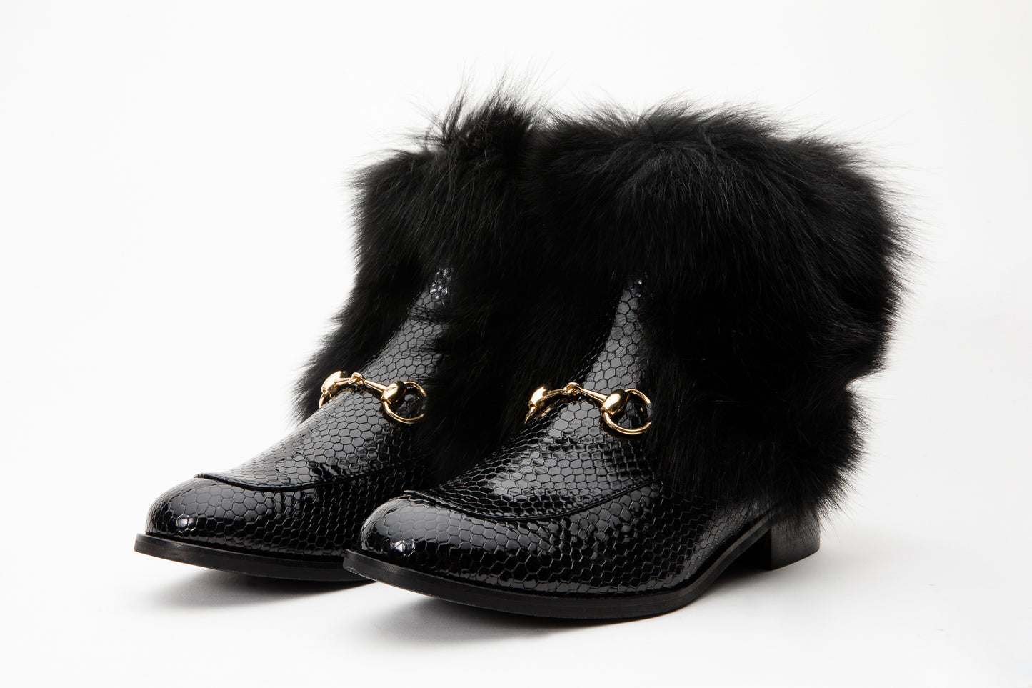 The Izmir Black Patent Leather Natural Fur Mid Calf Women  Boot