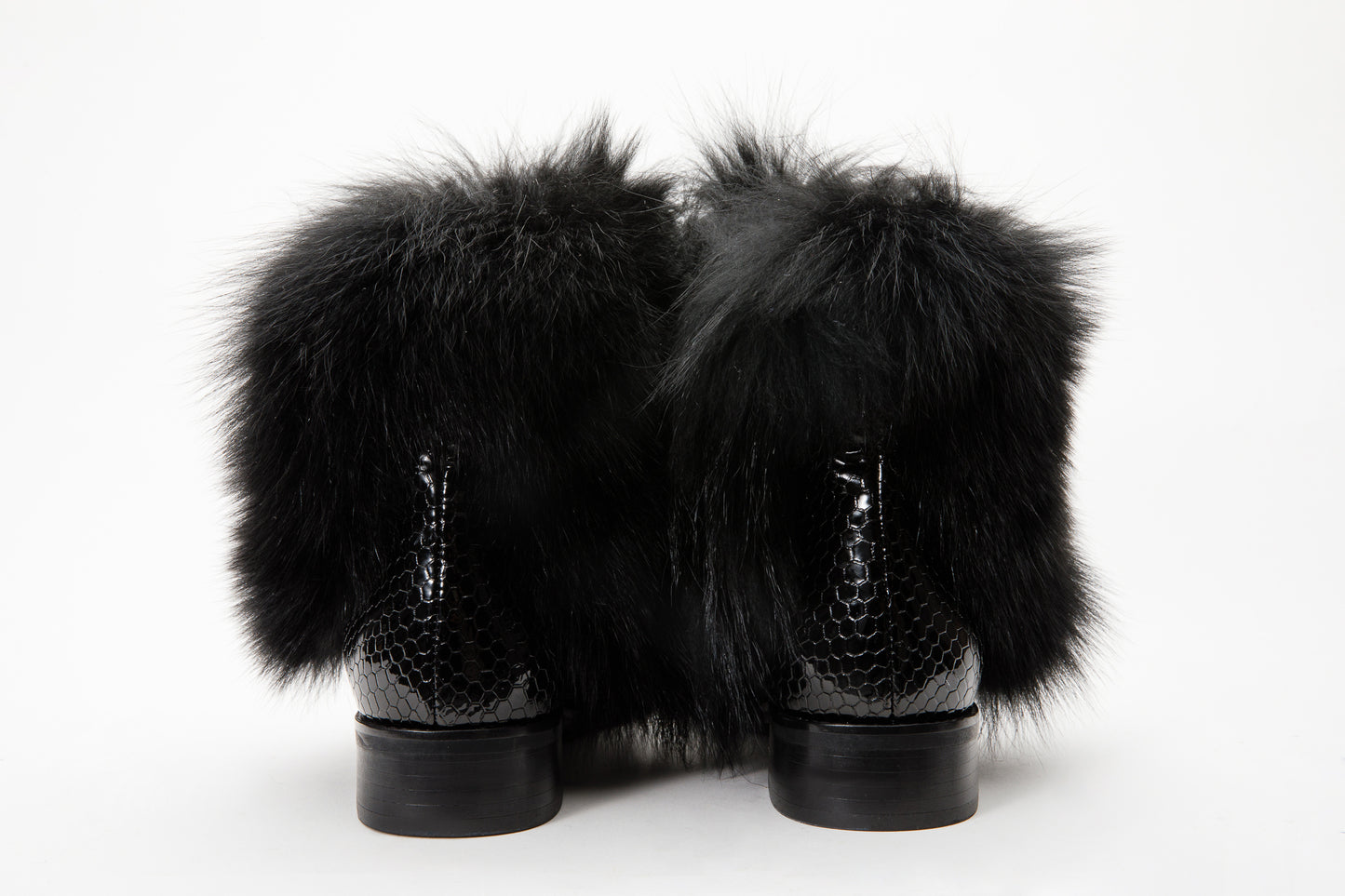 The Izmir Black Patent Leather Natural Fur Mid Calf Women  Boot