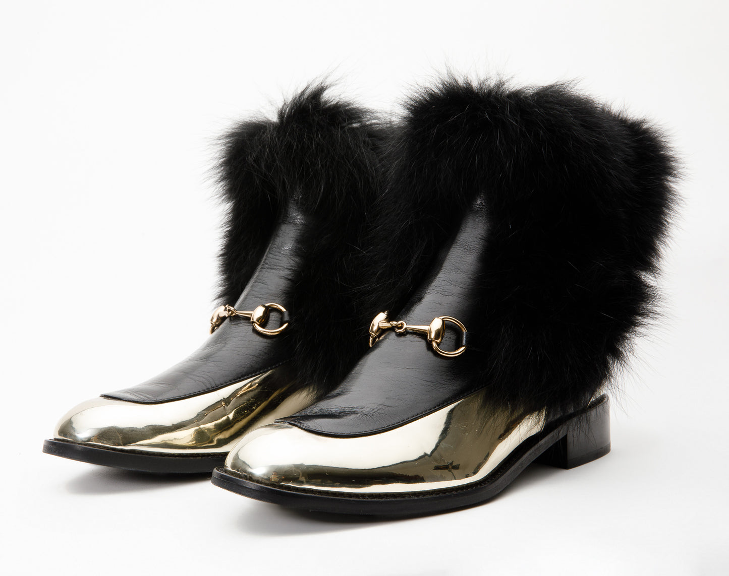 The Izmir Black & Gold Leather Natural Fox Fur Mid Calf Women Boot