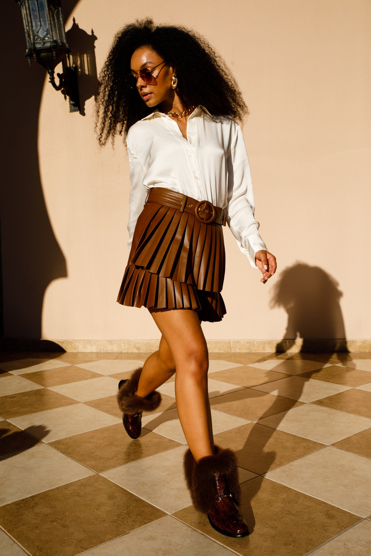 The Izmir Brown Patent Leather Natural Fur Mid Calf Women Boot