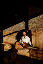 The Izmir Brown Patent Leather Natural Fur Mid Calf Boot