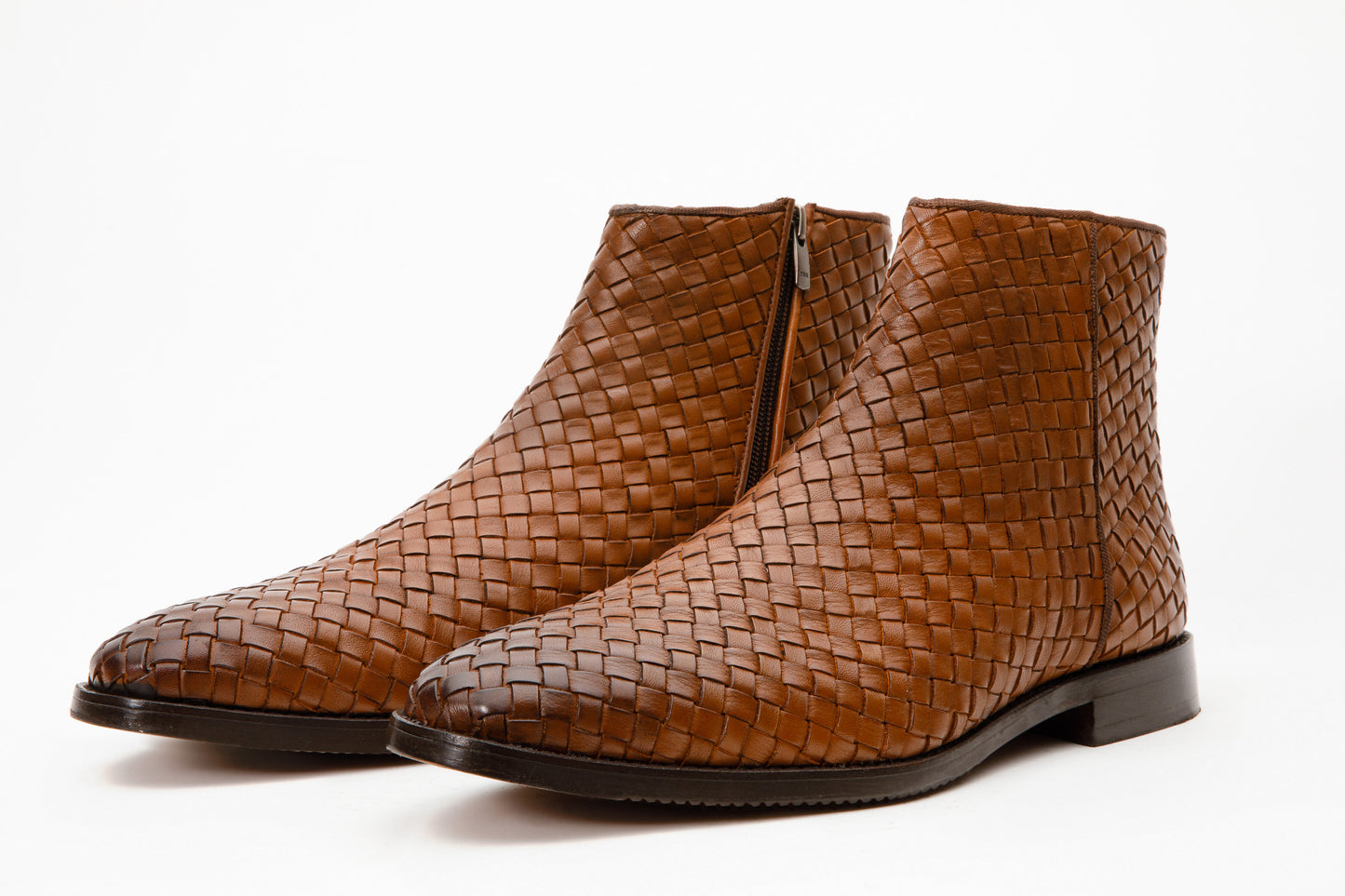 The Wellington Tan Handwoven Leather Men Boot with a Zipper
