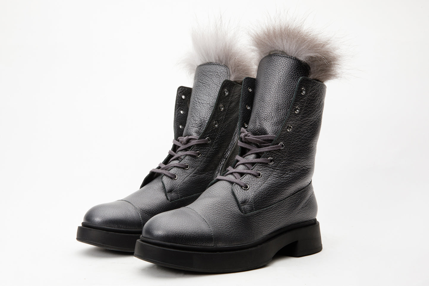 The Kajapati Grey Leather Natural Fur Mid Calf Women Boot