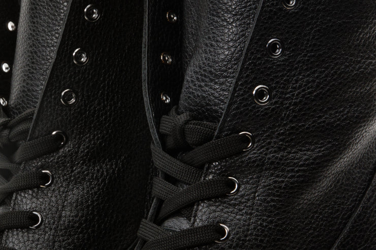 The Melo Black Leather Natural Fur Mid Calf Platform Heel Boot