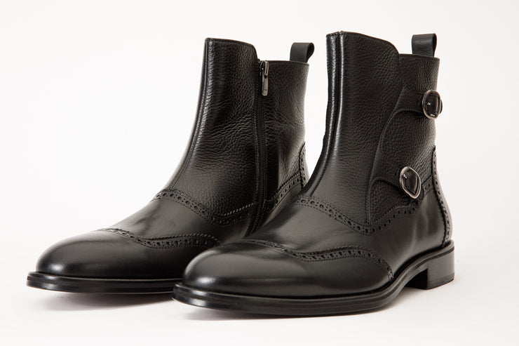 The Rand Black Leather Double Buckle Brogue Boot with a Zipper