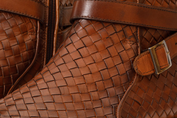 The Morral Tan Handwoven Leather Cross Strap Buckle Zip-Up Boot