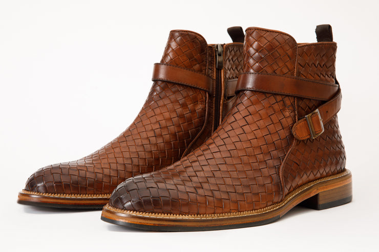The Morral Tan Handwoven Leather Cross Strap Buckle Zip-Up Boot