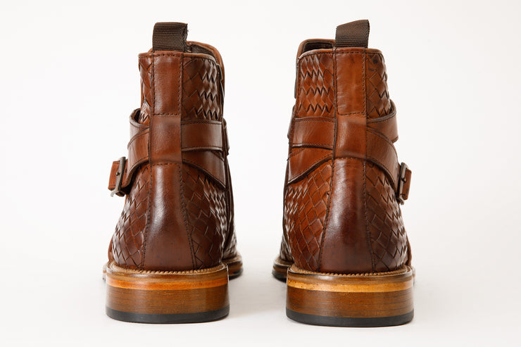 The Morral Tan Handwoven Leather Cross Strap Buckle Zip-Up Boot
