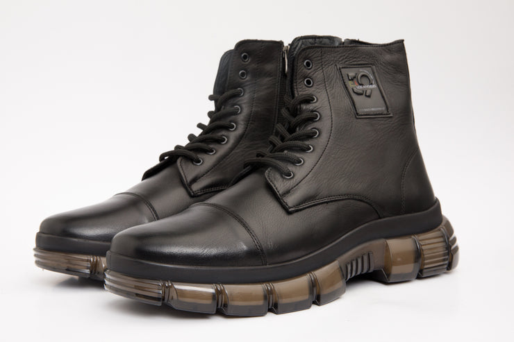 The Ottova Black Leather Lace-Up Sneaker Boot with a Zipper