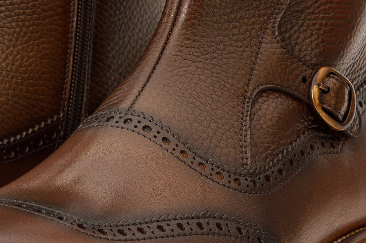 The Rand Brown Leather Double Buckle Brogue Boot with a Zipper