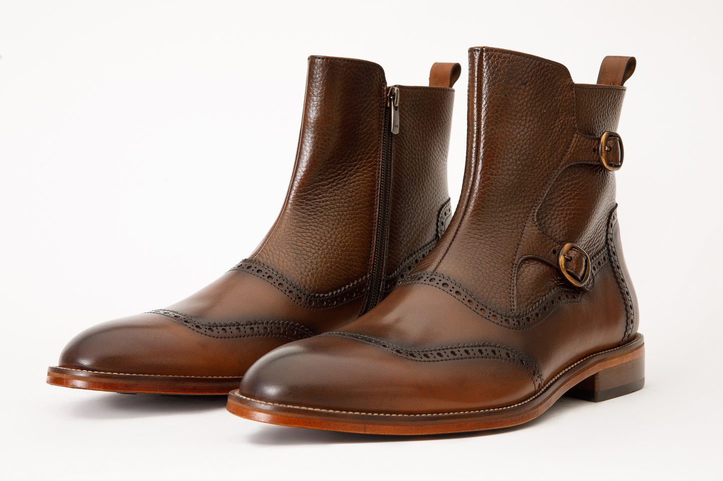 The Rand Brown Leather Double Buckle Brogue Men Boot with a Zipper