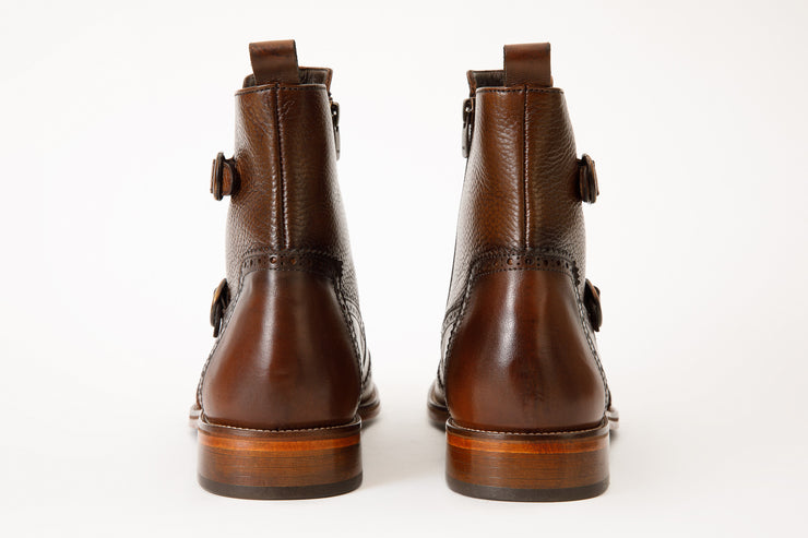 The Rand Brown Leather Double Buckle Brogue Boot with a Zipper