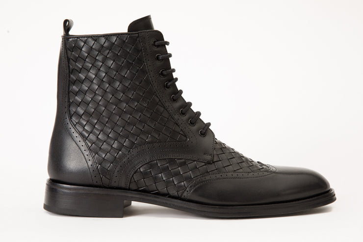 The Loddon Black Leather Wingtip Brogue Handwoven Lace-Up Boot with a Zipper