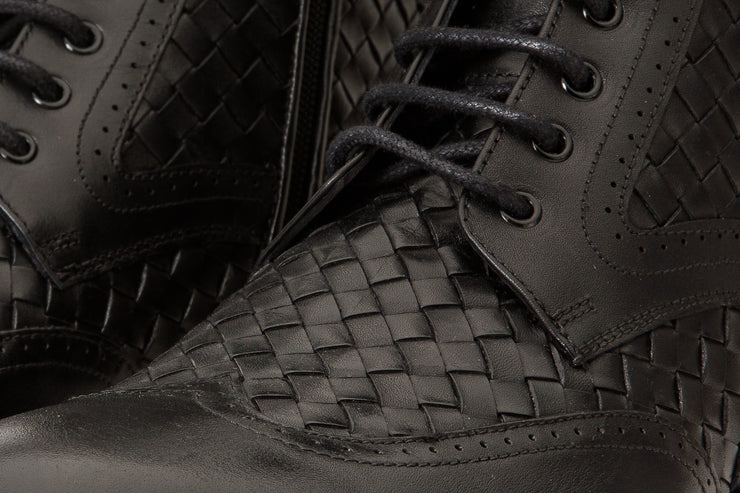 The Loddon Black Leather Wingtip Brogue Handwoven Lace-Up Boot with a Zipper