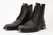 The Loddon Black Leather Wingtip Brogue Handwoven Lace-Up Boot with a Zipper