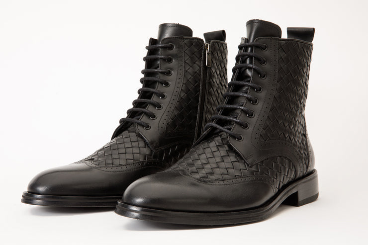 The Loddon Black Leather Wingtip Brogue Handwoven Lace-Up Boot with a Zipper