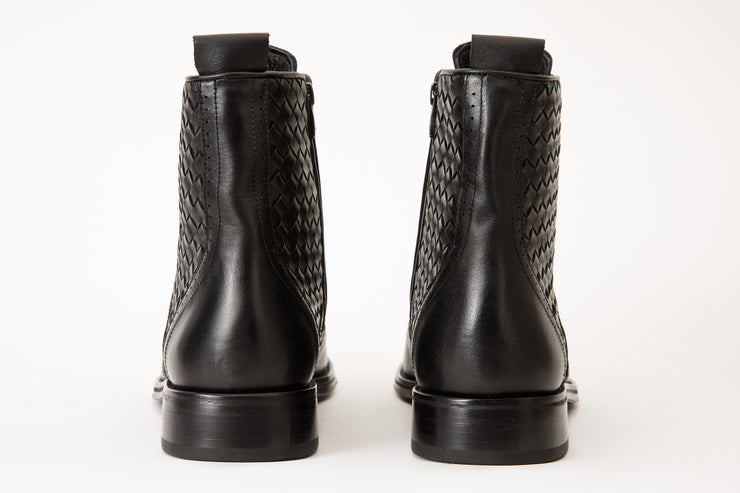 The Loddon Black Leather Wingtip Brogue Handwoven Lace-Up Boot with a Zipper