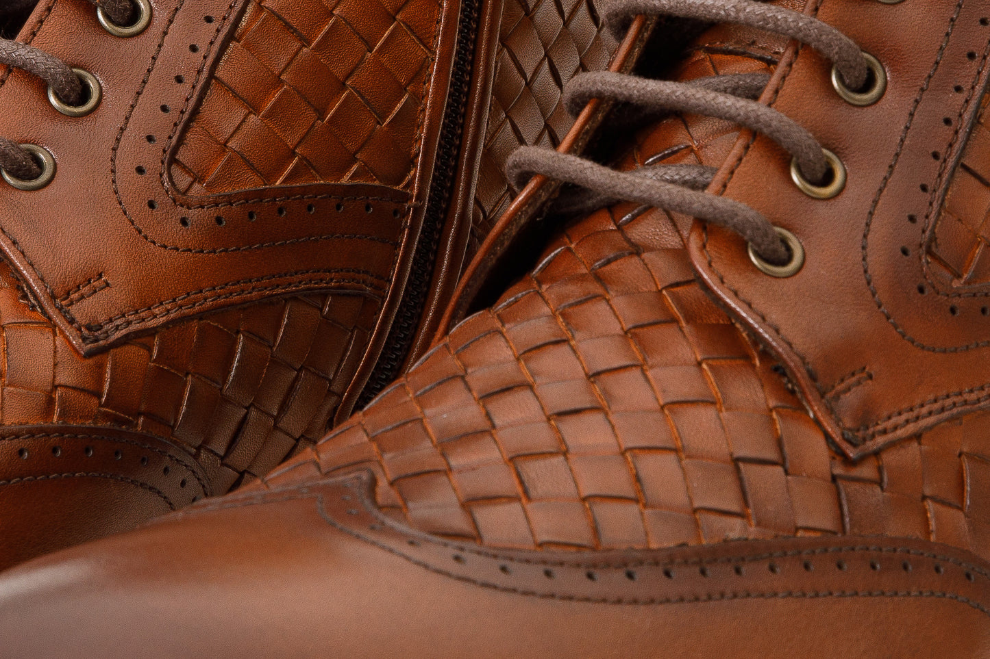 The Loddon Tan Leather Wingtip Brogue Handwoven Lace-Up Men Boot with a Zipper