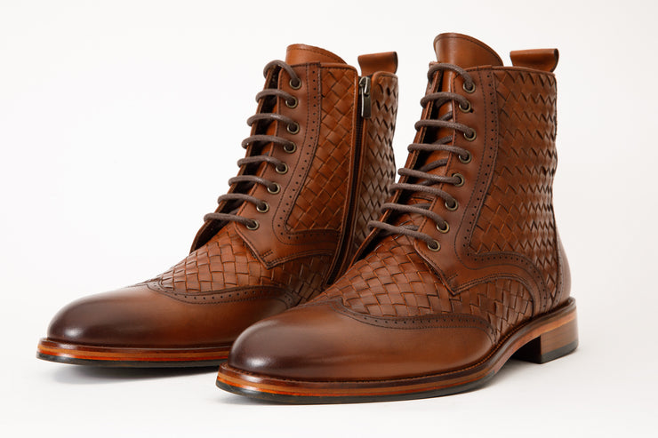 The Loddon Brown Leather Wingtip Brogue Handwoven Lace-Up Boot with a Zipper