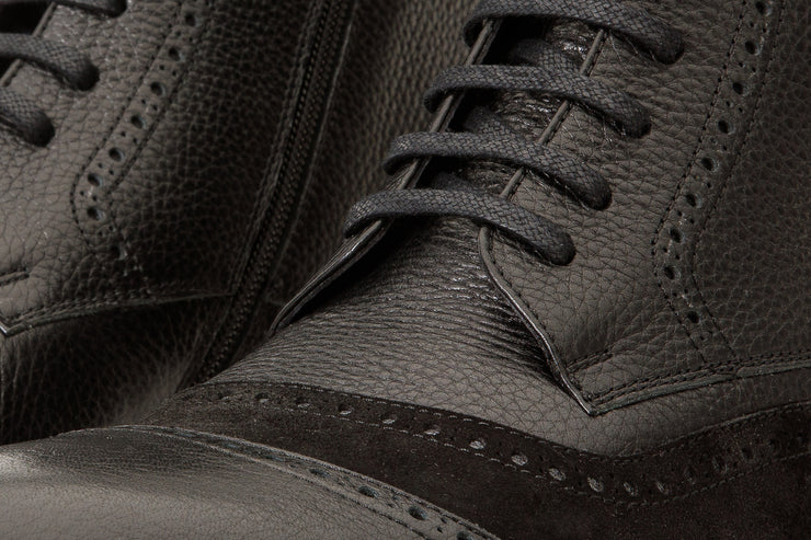 The Anderson Black Leather & Suede Brogue Lace-Up Boot with a Zipper