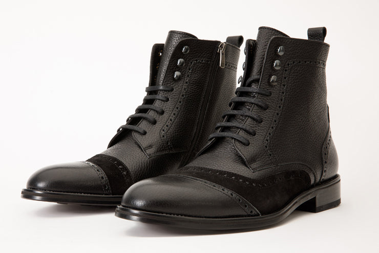 The Anderson Black Leather & Suede Brogue Lace-Up Boot with a Zipper